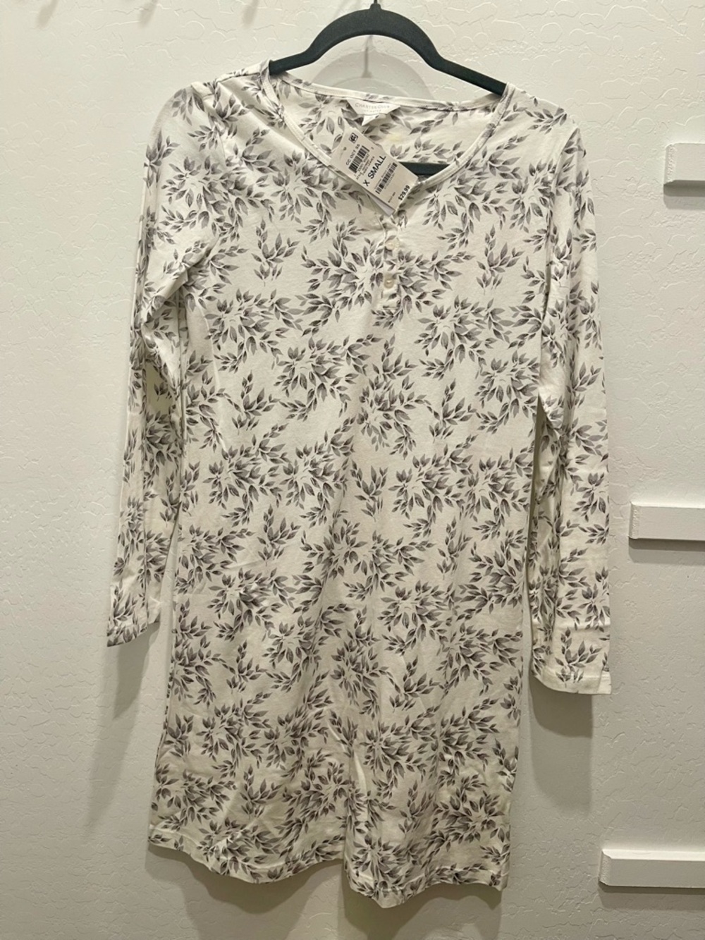Charter Club Ivory Nightshirt with Pale Gray Leaf Print